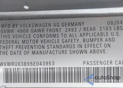 2005 Volkswagen Passat Glx z USA, uszkodzony, nr VIN WVWRU63B95E043953